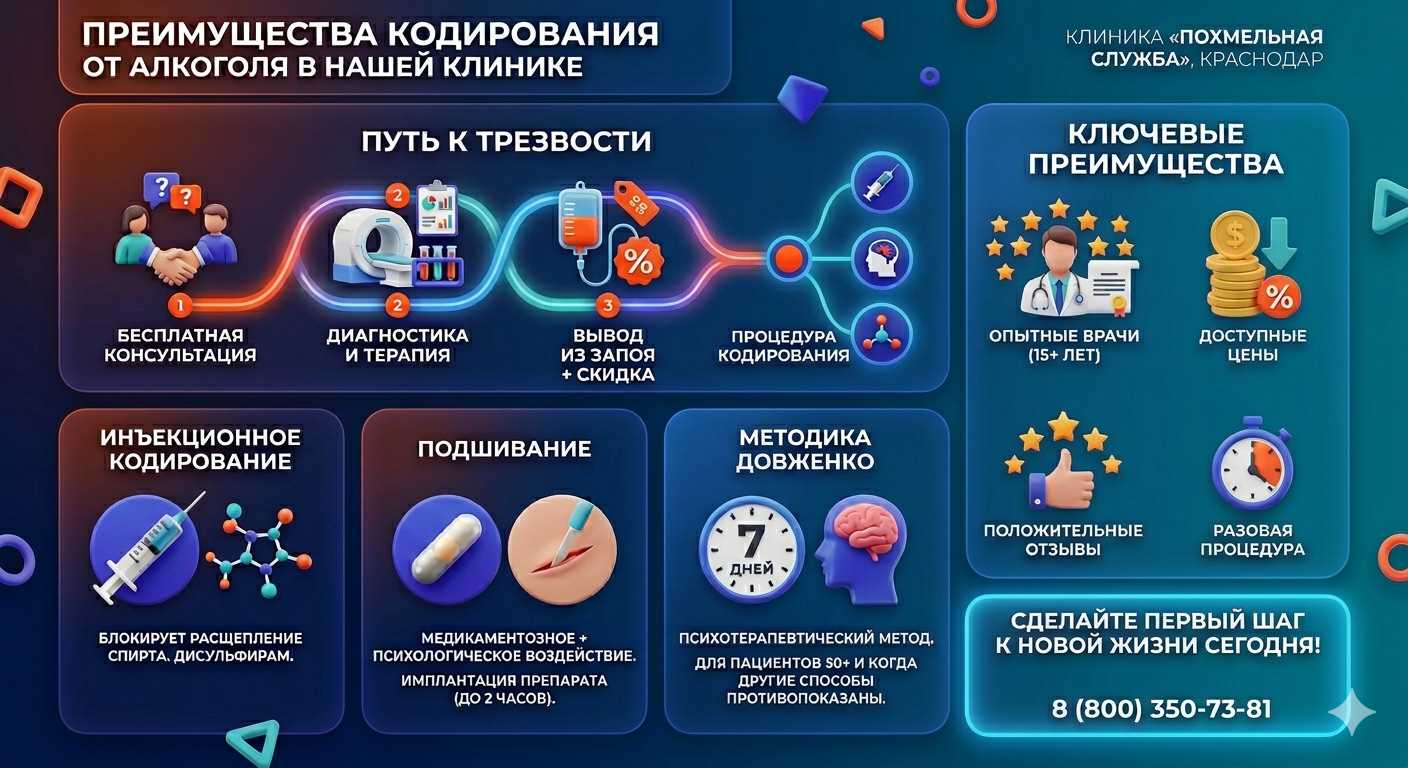 Инфографика о методах кодирования от алкоголя в Ожерелье: инъекции, подшивание, метод Довженко. Преимущества клиники и этапы лечения.